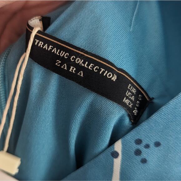 NEW Zara Asian Inspired Blue Floral Midi Dress Deep Vneck Front Back Small - Picture 2 of 8